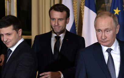 Szczyt w Paryżu: na zdjęciu prezydenci Ukrainy, Francji i Rosji - Wołodymyr Zełenski, Emmanuel Macro