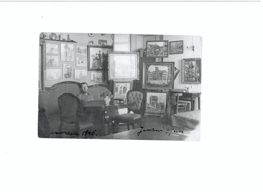 Antoni Suchanek w pracowni, Warszawa 1946 r. Odręczny dopisek z dedykacją: „Jurkowi [dr. Jerzemu Suc