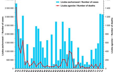 Liczba zachorowań i podejrzeń zachorowań na grypę oraz liczba zgonów z powodu grypy w latach 1975 - 