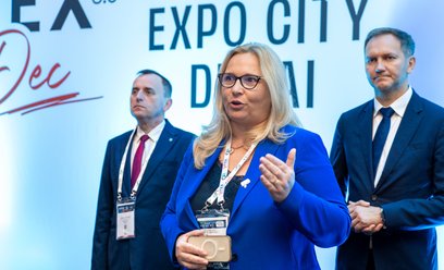 Małgorzata Kasińska, prezes MK Business Link przemawiająca podczas targów GITEX GLOBAL 2025 w Dubaju