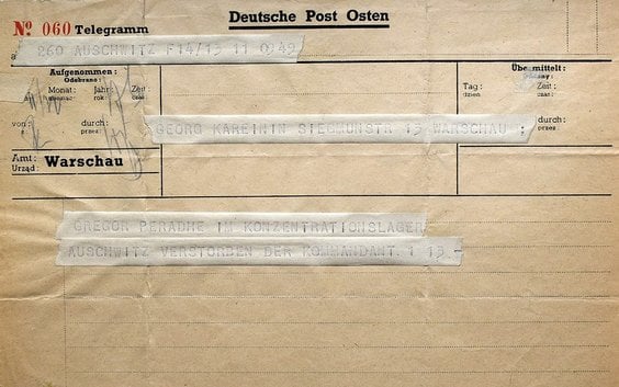 Telegram komendanta Obozu Koncentracyjnego Auschwitz z 11 grudnia 1942 roku, zawiadamiający o śmierc