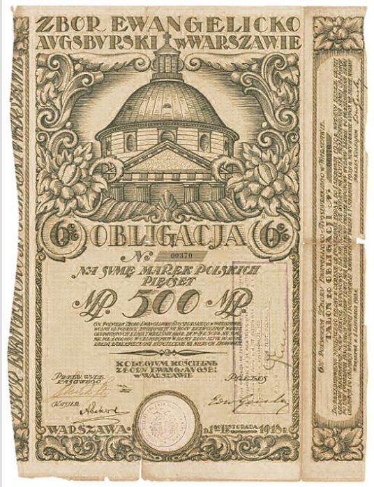 Obligacja Zboru Ewangelicko-Augsburskiego w Warszawie licytowana będzie na aukcji we Wrocławiu.