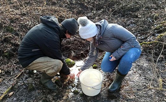 Zimowy pobór próbek wody ze źródła w dolinie Jeziorki. Fot. Patrycja Chodinow