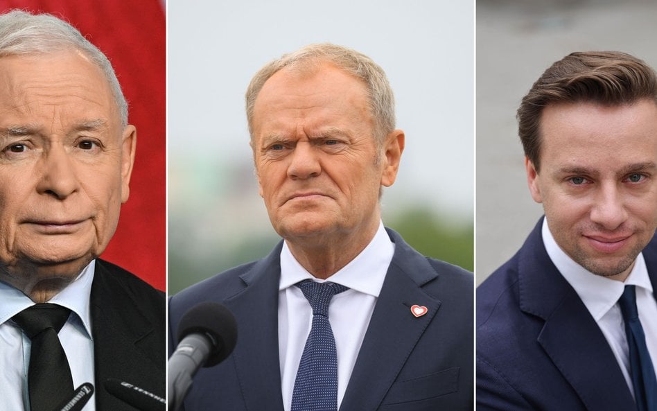 Jarosław Kaczyński, Donald Tusk i Krzysztof Bosak - liderzy PiS, KO i Konfederacji