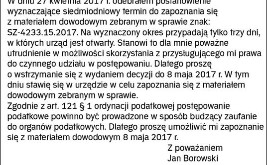 Wzór – wniosek w sprawie konieczności zwrócenia uwagi na przestrzeganie zasady zaufania