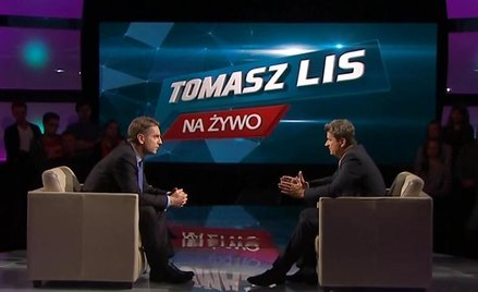 Kadr z programu Tomasza Lisa (z lewej) z udziałem Janusza Palikota (z prawej) w TVP2