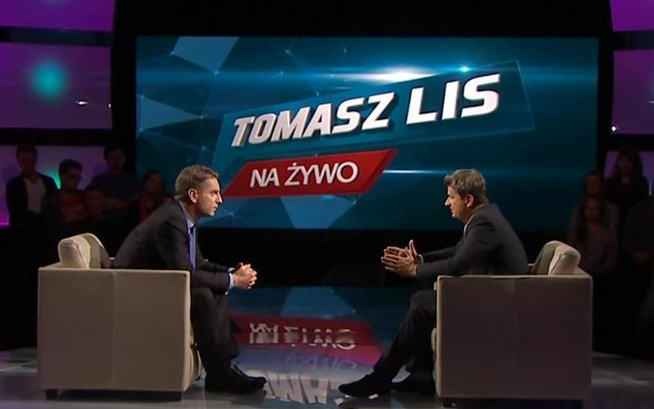 Kadr z programu Tomasza Lisa (z lewej) z udziałem Janusza Palikota (z prawej) w TVP2