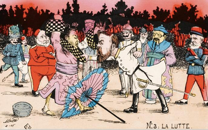 „Zapaśnicy” – satyryczna interpretacja wojny rosyjsko-japońskiej, 1905 r. Na pierwszym planie: cesar