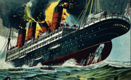 „Lusitania” tonie storpedowana przez niemieckiego U-Boota, fragment brytyjskiego plakatu propagandow