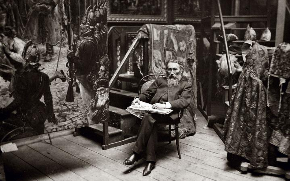 Jan Matejko w pracowni w Szkole Sztuk Pięknych 1891 r., fotografia archiwalna