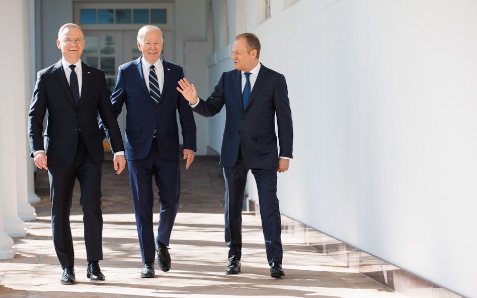 Prezydent USA Joe Biden, prezydent Andrzej Duda i premier Donald Tusk po wtorkowych rozmowach w Biał