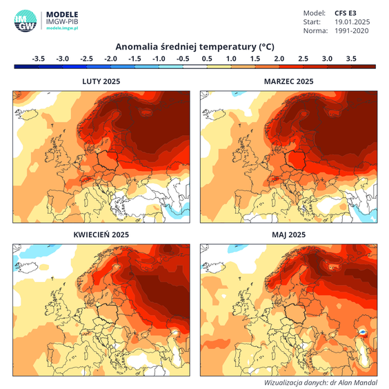 Anomalia średniej temperatury w miesiącach luty-maj 2025 r.