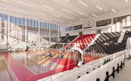 Wizualizacja przedstawiająca wnętrze hali koszykarskiej na Polonii. Pojemnośc wyniesie 2000 miejsc.