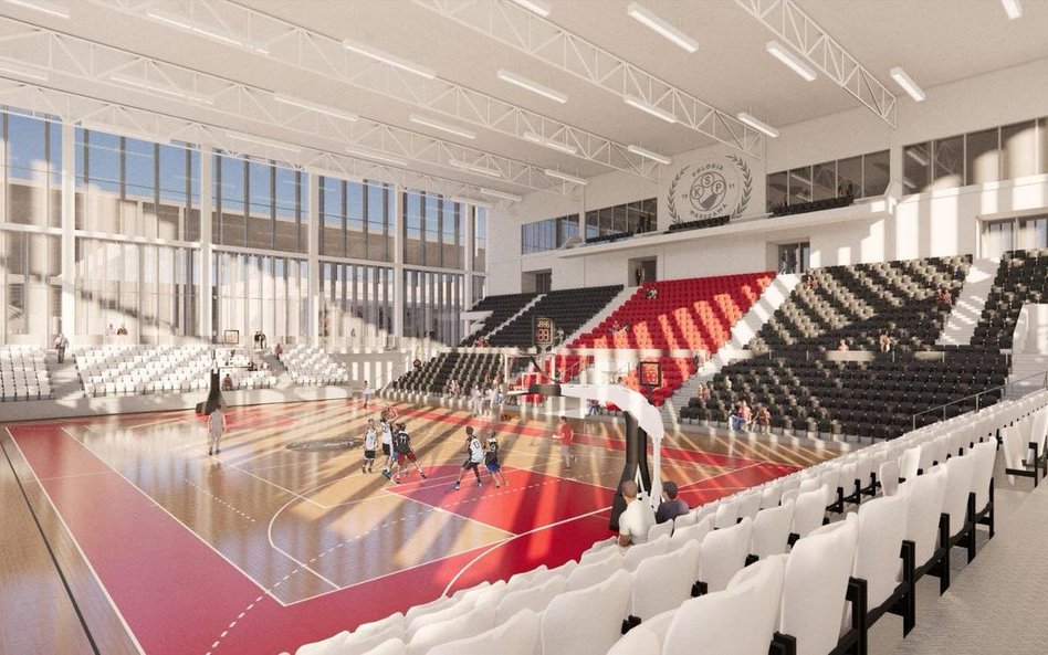 Wizualizacja przedstawiająca wnętrze hali koszykarskiej na Polonii. Pojemnośc wyniesie 2000 miejsc.