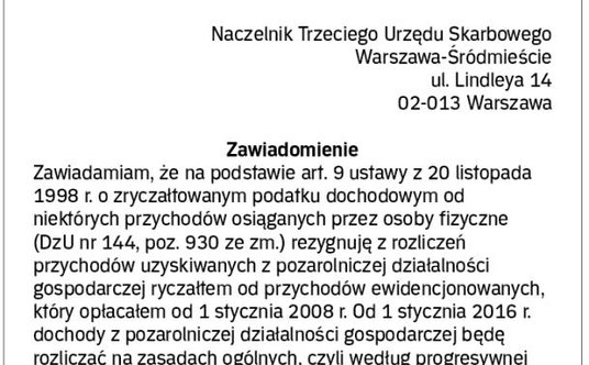 Wzór zawiadomienia o rezygnacji z opodatkowania w formie ryczałtu