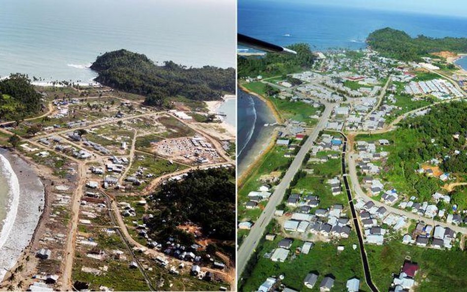 Indonezja. Calang w prowincji Aceh. Od lewej w sierpniu 2005 i obecnie