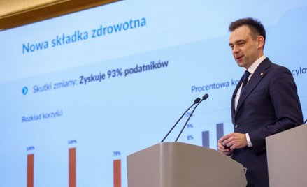 Minister finansów Andrzej Domański podczas konferencji prasowej  ws. zmian w składce zdrowotnej dla 