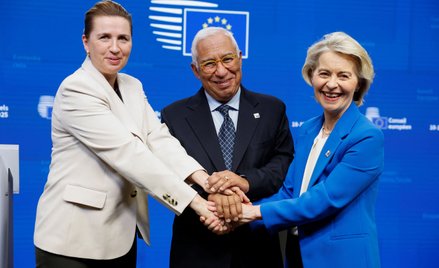 Premier stojącej na czele UE Danii Mette Frederiksen, przewodniczący Rady Europejskiej António Costa