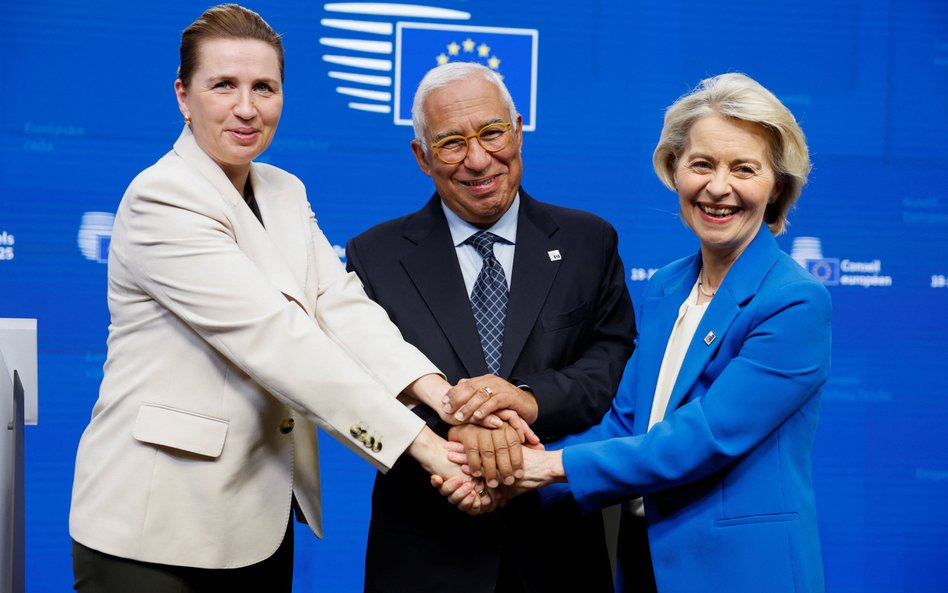 Premier stojącej na czele UE Danii Mette Frederiksen, przewodniczący Rady Europejskiej António Costa