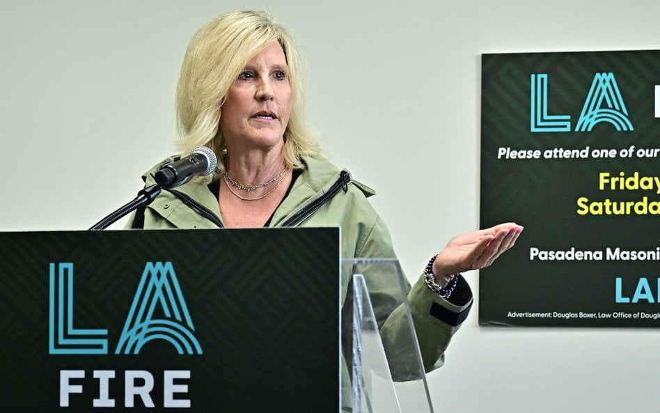 Erin Brockovich podczas konferencji w sprawie fali pożarów w Kalifornii w 2025 roku.