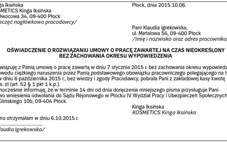 Wzór oświadczenia pracodawcy o rozwiązaniu umowy z powodu kradzieży firmowego mienia