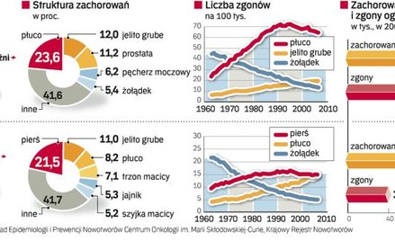 Rak płuca i jelita grubego u panów, piersi i płuca u pań – to najczęściej występujące nowotwory w Po