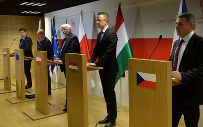 Ministrowie spraw zagraniczny państw Grupy Wyszehradzkiej oraz unijny komisarz Johannes Hahn podczas