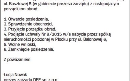 Wzór e-mailowego zawiadomienia o posiedzeniu zarządu sp. z o.o.