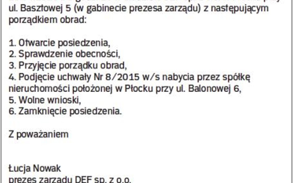 Wzór e-mailowego zawiadomienia o posiedzeniu zarządu sp. z o.o.