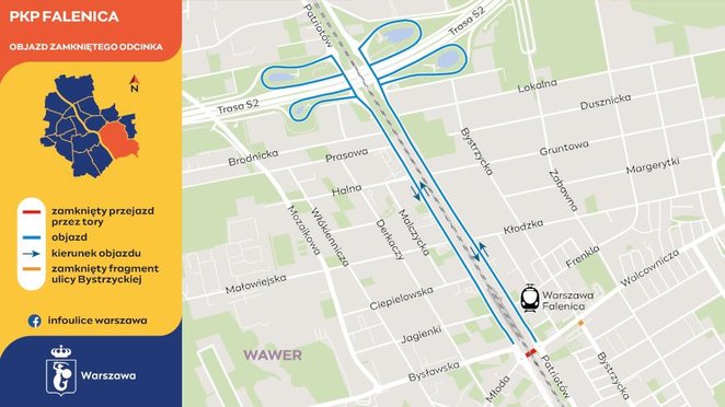 Główny objazd zostanie poprowadzony przez węzeł z Południową Obwodnicą Warszawy, do którego kierować