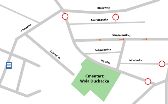 Cmentarz Wola Duchacka w Krakowie. Organizacja ruchu w czasie Wszystkich Świętych 2024