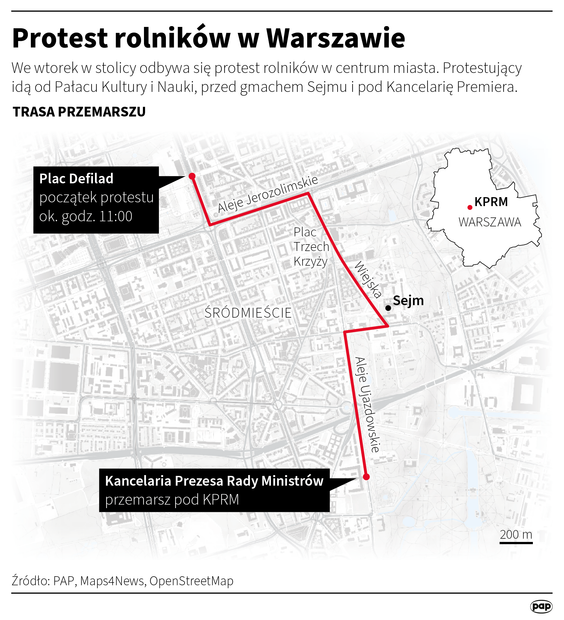 Którymi ulicami przejdą protestujący w Warszawie rolnicy?