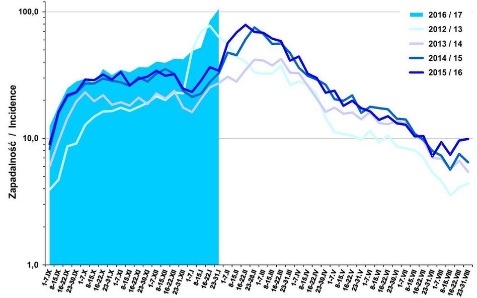 Średnia dzienna zapadalność (na 100 tys. ludności) wg tygodniowych meldunków w sezonie 2016/17 w por