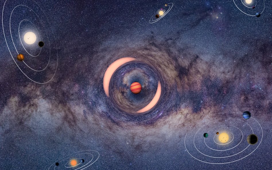 Artystyczna wizja planety swobodnej soczewkującej odległą gwiazdę z centrum Galaktyki. Dwa wzmocnion