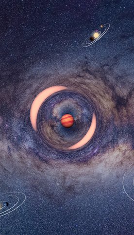 Artystyczna wizja planety swobodnej soczewkującej odległą gwiazdę z centrum Galaktyki. Dwa wzmocnion