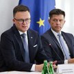 Marszałek Sejmu Szymon Hołownia (L) i przewodniczący komisji Ryszard Petru (P) na posiedzeniu sejmow