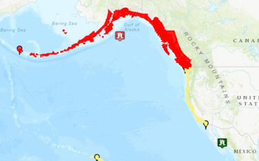 Czerwonym kolorem oznaczono alarm przed tsunami