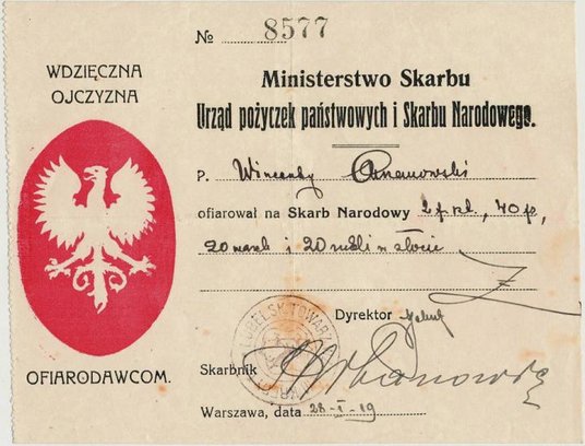 Od 300 zł licytowane będzie pokwitowanie ofiary na Skarb Narodowy w 1919 roku.
