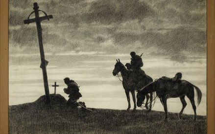 Józef Świrysz-Ryszkiewicz, Śpij kolego w ciemnym grobie…, Polska 1916, węgiel, papier; wł. Muzeum Na