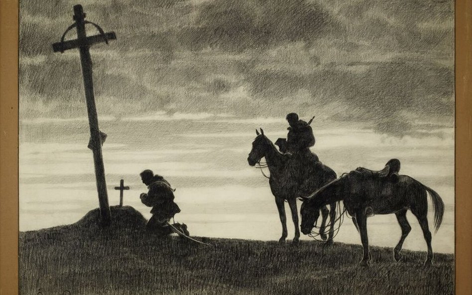 Józef Świrysz-Ryszkiewicz, Śpij kolego w ciemnym grobie…, Polska 1916, węgiel, papier; wł. Muzeum Na