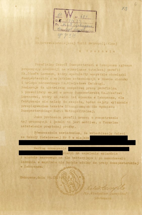 List proboszcza z Zakopanego z września 1973 r. z prośbą o zezwolenie ks. Lorancowi na podjęcie prac