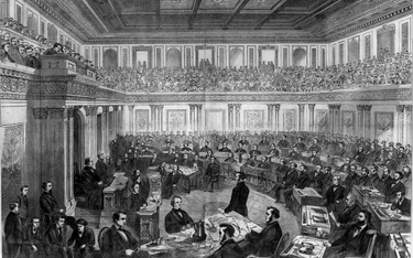 Proces prezydenta Andrew Johnsona w Senacie USA. Ilustracja Theodore’a R. Davisa opublikowana w tygo