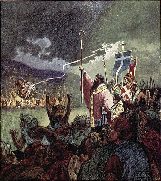 „Święty Patryk pokonuje Crom Cruacha i dwunastu mniejszych idoli”, ilustracja Johna Innesa z książki