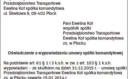 Wzór oświadczenia o wypowiedzeniu umowy spółki komandytowej