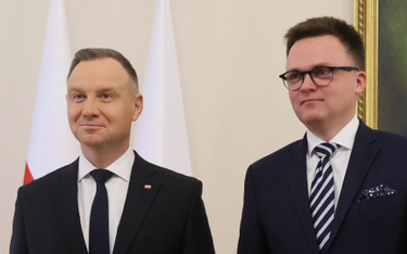 Prezydent Andrzej Duda i marszałek Sejmu Szymon Hołownia podczas spotkania w Pałacu Prezydenckim