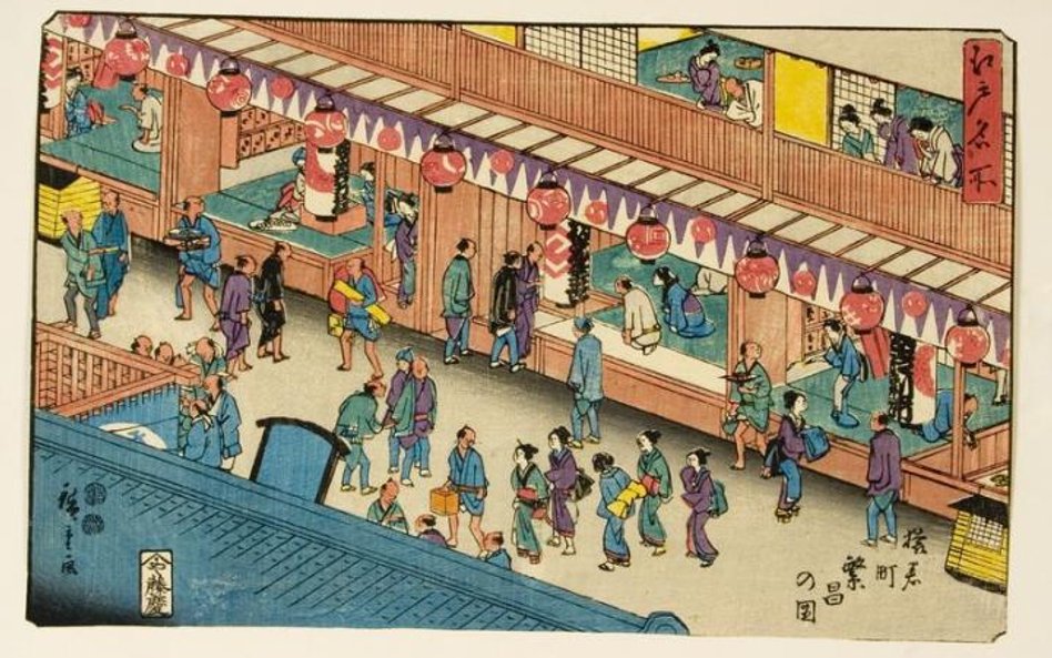 Utagawa Hiroshige; Ulica Saruwakacho, 1847-1848 Drzeworyt barwny; własność: Muzeum Narodowe w Krakow