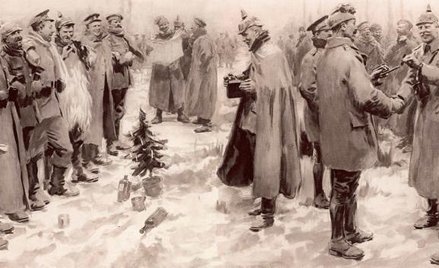 Ilustracja z „The Illustrated London News” przedstawiająca rozejm bożonarodzeniowy w 1914 r.