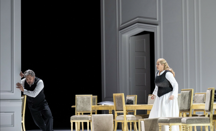 Camilla Nylund (Walkiria) i Tomasz Konieczny (Wotan) w „Walkirii” w Operze w Zurychu