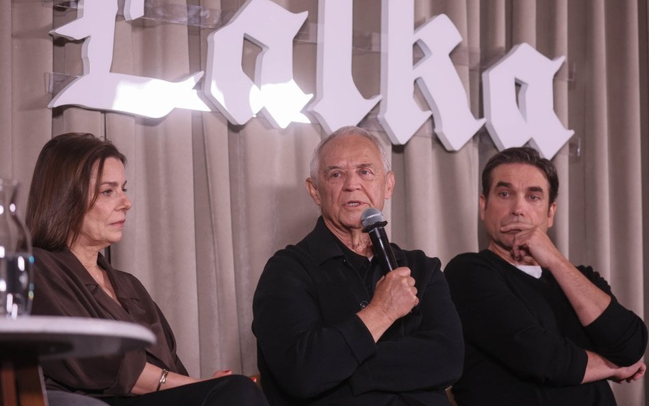 Marek Kondrat (C), Marcin Dorociński (P) i Agata Kulesza (L) podczas spotkania promocyjnego filmu „L