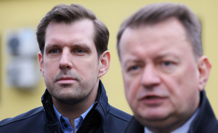 Przewodniczący KP PiS Mariusz Błaszczak i kandydat PiS na prezydenta Warszawy Tobiasz Bocheński